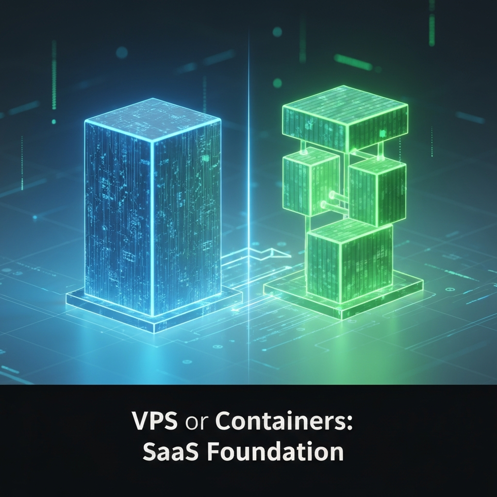 A digital art illustration comparing a robust blue cube representing a Virtual Private Server (VPS) with a cluster of green modular blocks representing containers, set against a futuristic digital background, with the headline "VPS or Containers: SaaS Foundation". This image visually encapsulates the core infrastructure choice for SaaS startups, as detailed in the article "VPS vs. Containers: The Definitive Guide for SaaS Startups".
