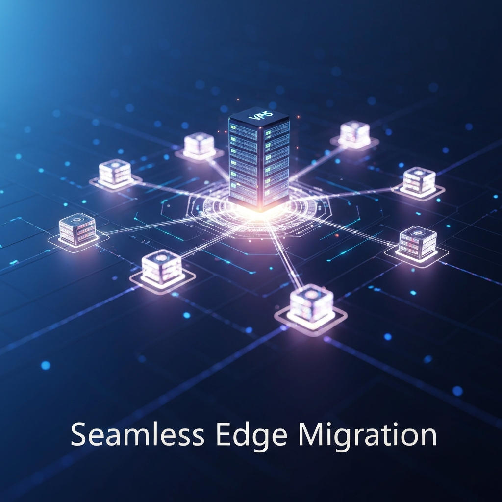 Digital illustration showing data migrating from a central VPS server to multiple distributed edge cloud nodes, with the headline "Seamless Edge Migration".