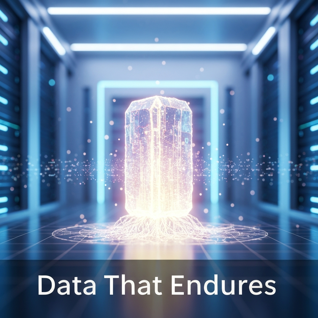 An abstract, futuristic image depicting a glowing, stable data monolith representing persistent storage, contrasted with ephemeral data streams. The text "Data That Endures" is overlaid. This visual illustrates how to implement persistent storage for stateful applications on a VPS.